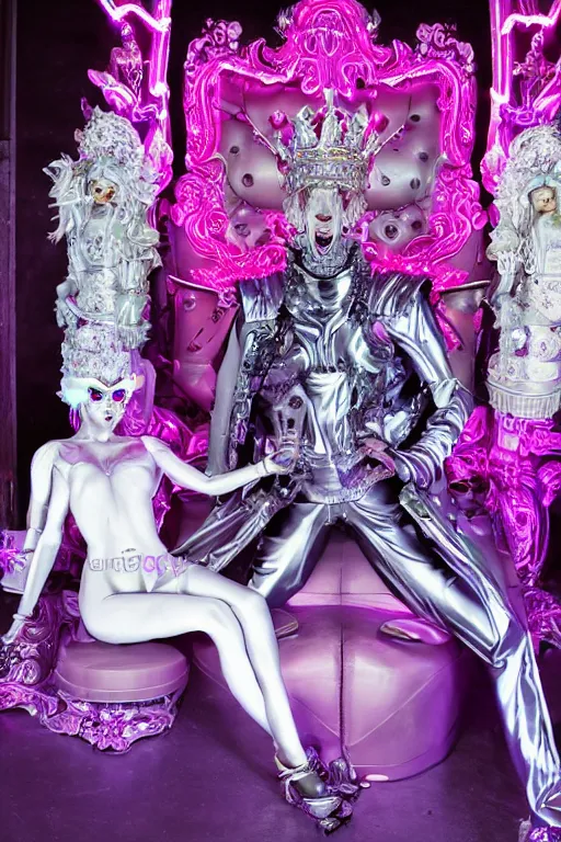 Image similar to full-body rococo and cyberpunk style neon statue of a muscular attractive Nick Jonas macho dotado e rico android sim roupa reclining con las piernas abertas e la piroca dura, glowing white laser eyes, prince crown of pink gears, diamonds, swirling silver-colored silk fabric. futuristic elements. full-length view. space robots. human skulls. intricate artwork by caravaggio. Trending on artstation, octane render, cinematic lighting from the right, hyper realism, octane render, 8k, depth of field, 3D