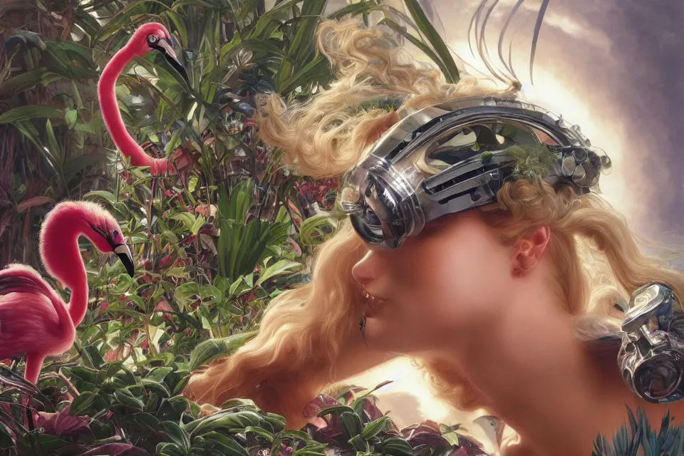 Image similar to an extreme close - up of a cyborg nymph wearing a sci fi helmet with long fluffy blonde curly hair playing with a flamingo, jungle plants, clouds of pigment smoke, by hajime soryama, boris vallejo, bouguereau, artgerm, greg rutkowski, alphonse mucha