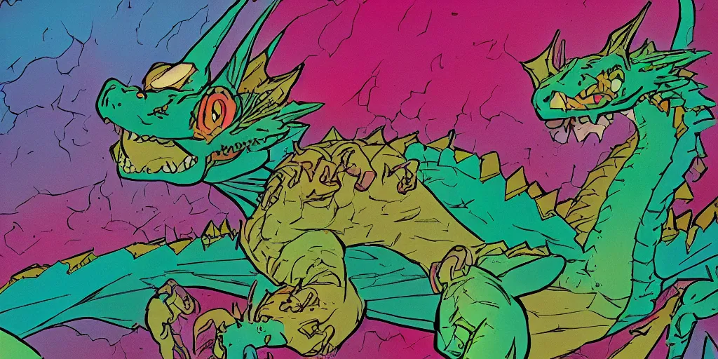 Image similar to colourful - damaged - detailed image of a Mike Mignola style dragon and of a castle