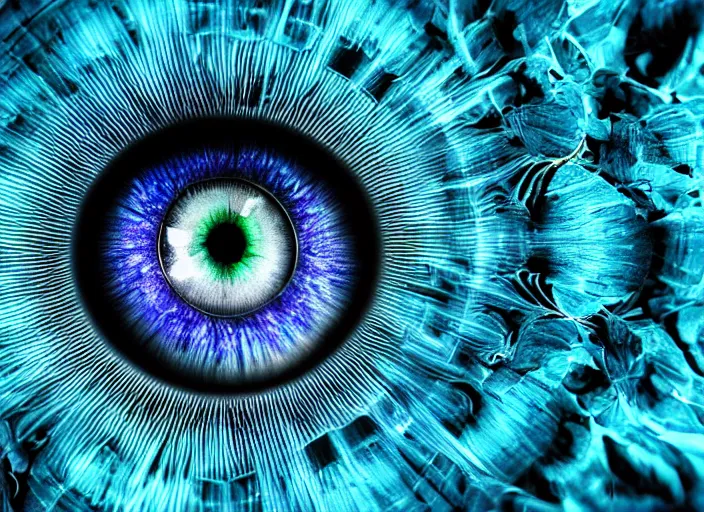 Prompt: macro photo of a eye with big blue fractal iris , detailed, photorealistic , macro photography