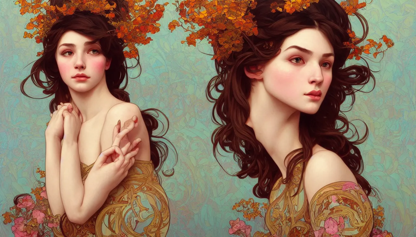 Image similar to excellent painted portrait of one pretty girl with upturned nose, high quality masterpiece painted, patterned background, 4 k, trending on artstation, octane render, art by james jean and artgerm and greg rutkowski and alphonse mucha and craig mullins and james jean and andrei riabovitchev and marc simonetti and peter mohrbacher