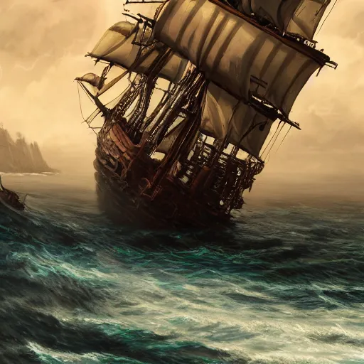 Prompt: a pirate ship chased by the sea monster, dramatic, hyperdetailed, artstation, cgsociety, 8k