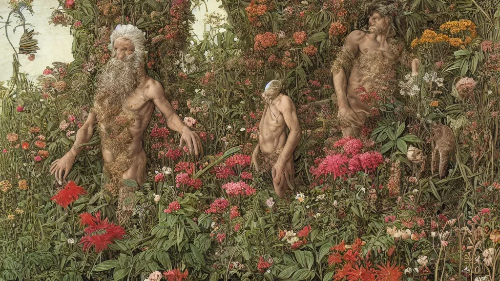 Image similar to highly detailed illustration of a human surrounded by all the known species of plants and flowers by juan gatti!, by moebius!, by leonardo da vinci, by oliver vernon!