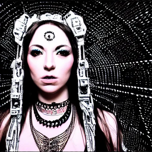 Prompt: intricately detailed photo portrait of the most beautiful female goddess of rave, symmetrical composition, taken with leica 0-series no. 105