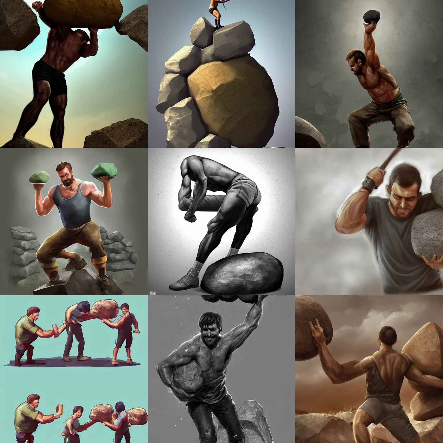 Prompt: man lifting a heavy boulder, detailed digital art trending in artstation