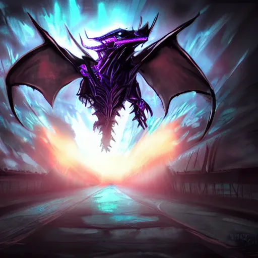 Prompt: cyber dragon as a monster, art style, scary atmosphere, nightmare - like dream