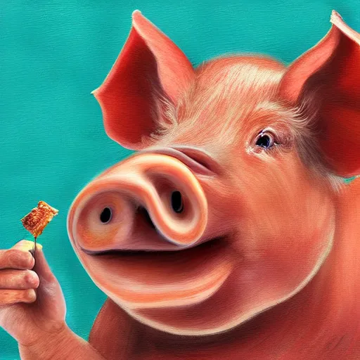 Image similar to a pig eating a rasher of bacon. detailed, realistic, digital painting,