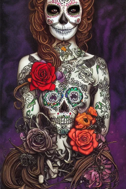 Prompt: Illustration of a sugar skull day of the dead girl, art by Gerald Brom
