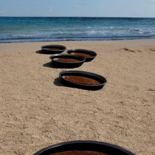 Image similar to three woks, each with the approximate dimensions of 50cm long and 30 cm wide, placed on a sandy beach, with ocean in the background, photorealistic, 8k