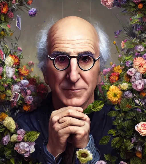 Image similar to portrait of larry david of the underworld playing poker, surrounded by flowers by karol bak, james jean, tom bagshaw, rococo, trending on artstation, cinematic lighting, hyper realism, octane render, 8 k, hyper detailed.