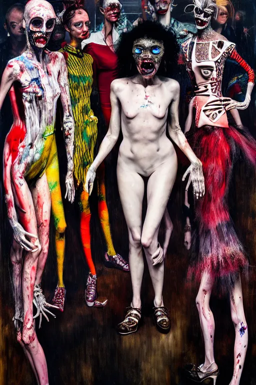 Image similar to crazy fashion catwalk, freak show, one model, crazy clothes, biopunk style, horror, hauntingly surreal, highly detailed painting by francis bacon, edward hopper, adrian ghenie, gerhard richter, and james jean soft light 4 k