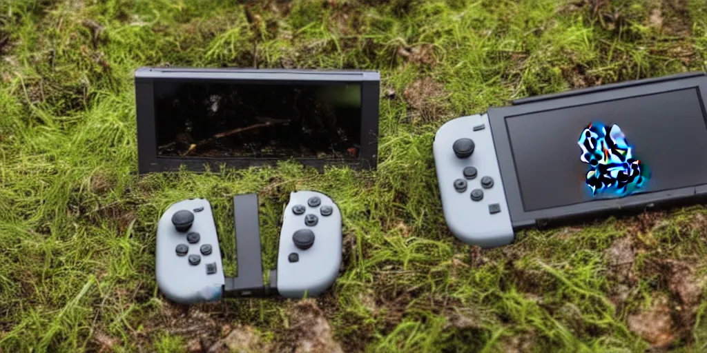 Prompt: Plastic diorama of a decaying Nintendo Switch console in a lush forest. there is grass and flowers growing from the Nintendo Switch.