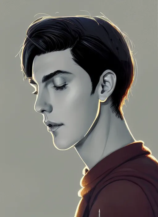 Image similar to portrait of teenage jughead jones wearing a light grey crown, photorealistic, crown, eyes closed, crown, black hair, intricate, elegant, glowing lights, highly detailed, digital painting, artstation, concept art, smooth, sharp focus, illustration, art by wlop, mars ravelo and greg rutkowski