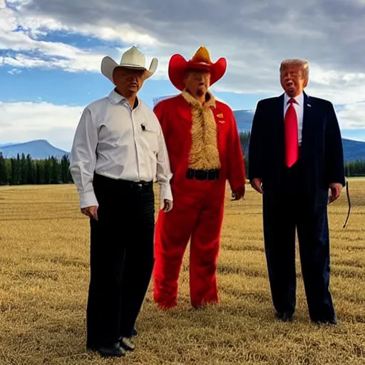 Image similar to “Xi Jinping, Donald Trump and Vladimir Putin wearing cowboy costumes while working on a farm in Montana, under Joe Biden’s command”