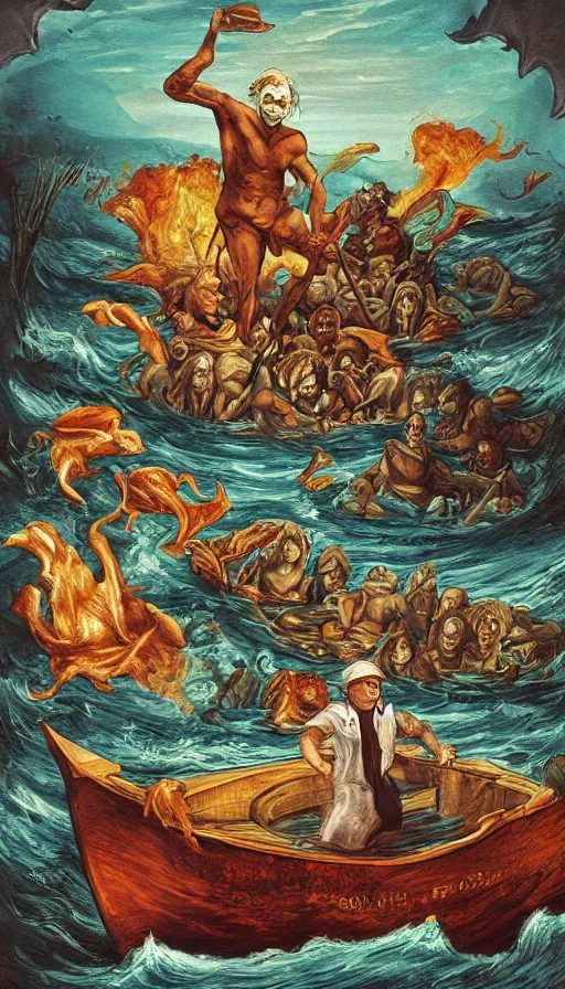 Prompt: man on boat crossing a body of water in hell with creatures in the water, sea of souls, by khara inc