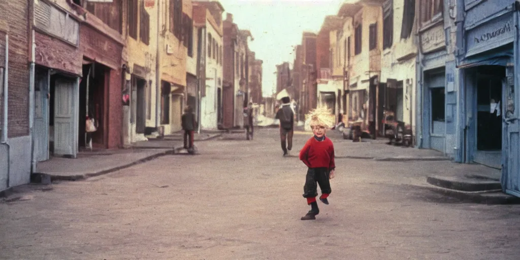 Prompt: color photo of a boy walking down a town in space