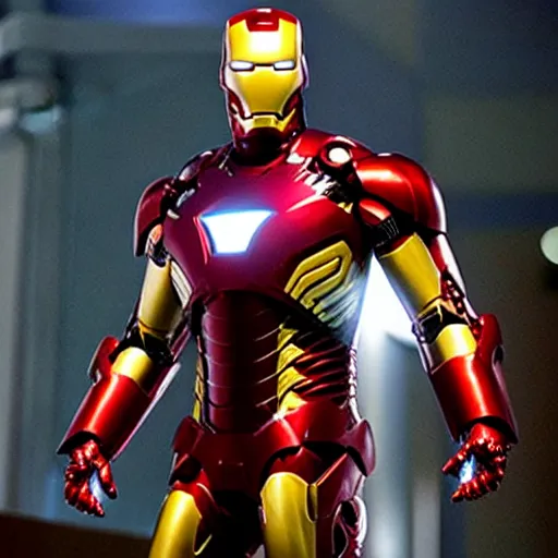 Prompt: promotional image of Mark Ruffalo as Iron Man in Iron Man（2008）, he wears Iron Man armor without his face, movie still frame, promotional image, imax 70 mm footage