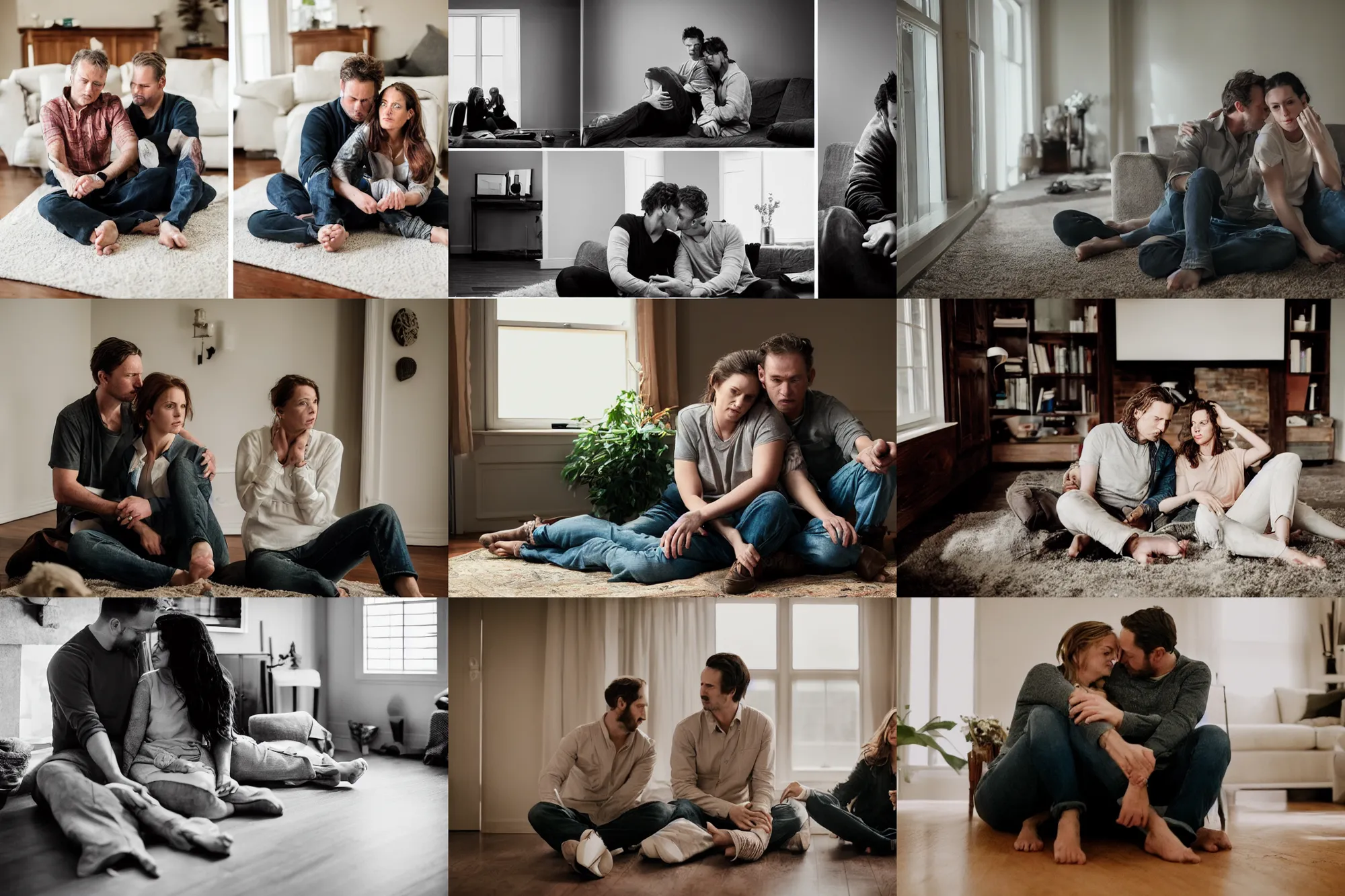 Prompt: husband and wife sitting on the floor while holding each other | living room of a modern kentucky house, storm outside, very dark lighting | fully clothed | highly detailed | very intricate | symmetrical | cinematic lighting | award - winning | closeup portrait | cinematic, filmic, low - key lighting, by gerald brom, david fincher, dawn of the dead, walking dead