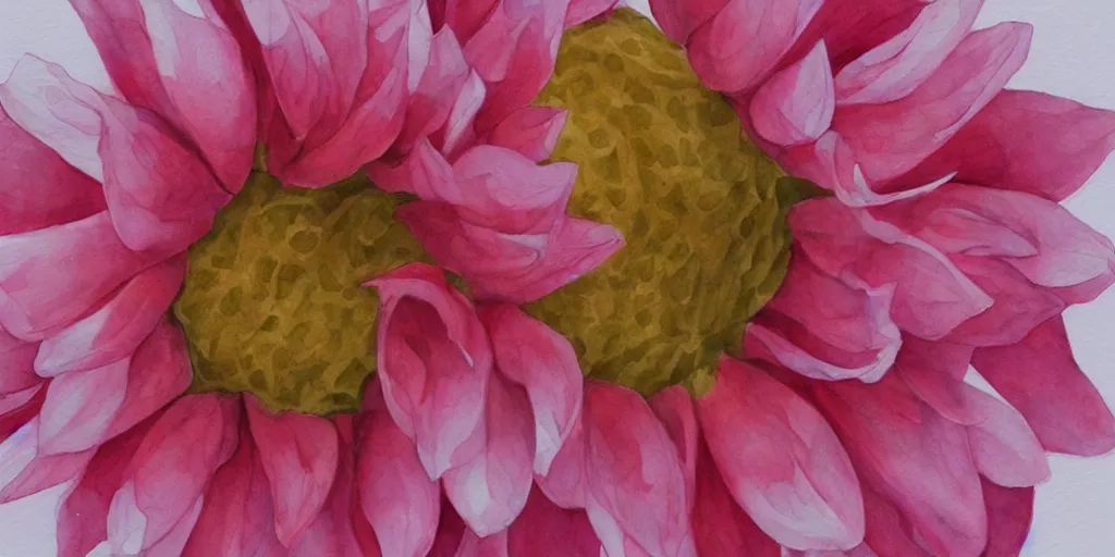 Image similar to a dahlia blossom, watercolor, artstation, realistic, moody