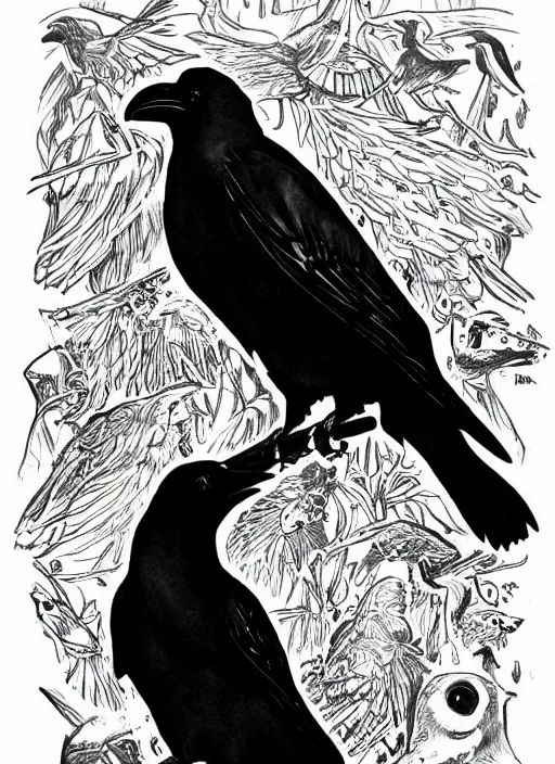 Prompt: cry for dawn cover depicting a raven by joseph michael lisner, masterpiece ink illustration,