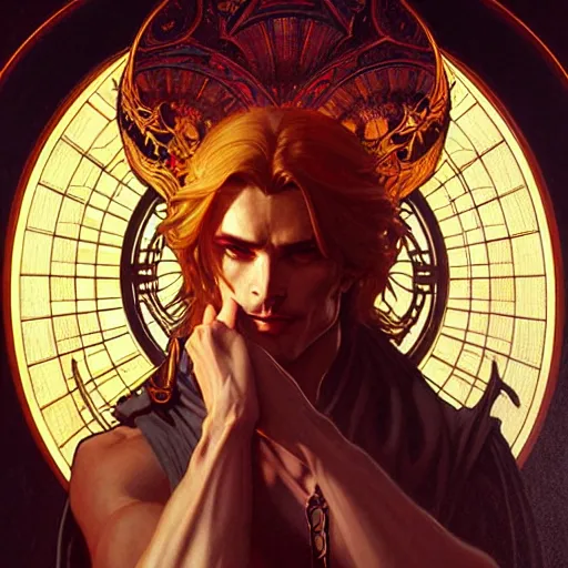 Image similar to attractive male deity, casting dark magic, summoning handsome lucifer morningstar, highly detailed painting by artgerm and greg rutkowski and alphonse mucha