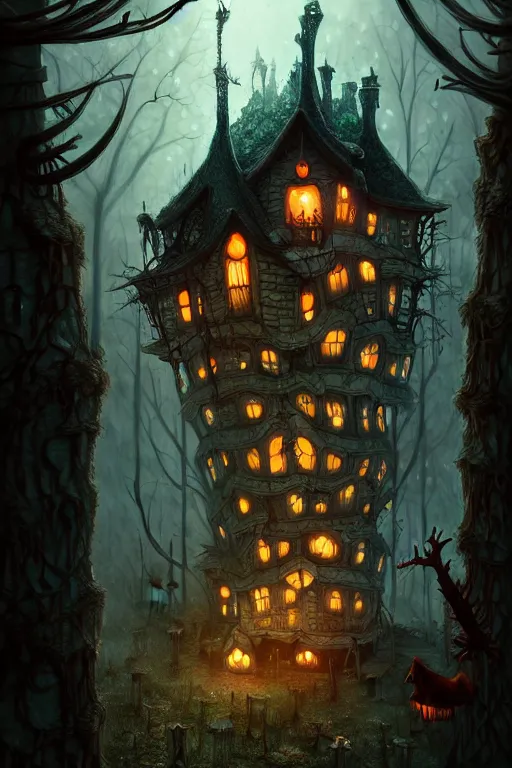 Image similar to a storybook illustration of a scary ramshackle multistory fairytale hut in the creepy forest, intricate, elegant, fantasy, highly detailed, digital painting, concept art, sharp focus, artstation, eerie, horror