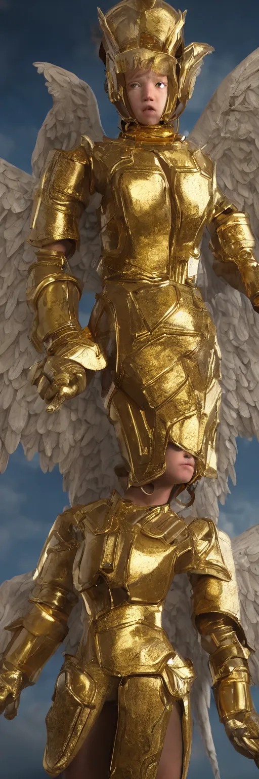 Prompt: a full length single young girl wearing a gold armor fighting angels in the sky, extremely realistic and highly detailed 8 k, sharp focus, octane render, dramatic volumetric lighting and extremely realistic faces