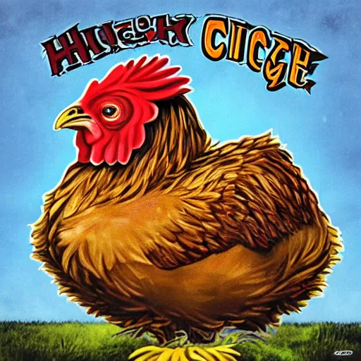 Image similar to Huge chicken and pile of eggs, heavy metal album cover, style of HR Geiger