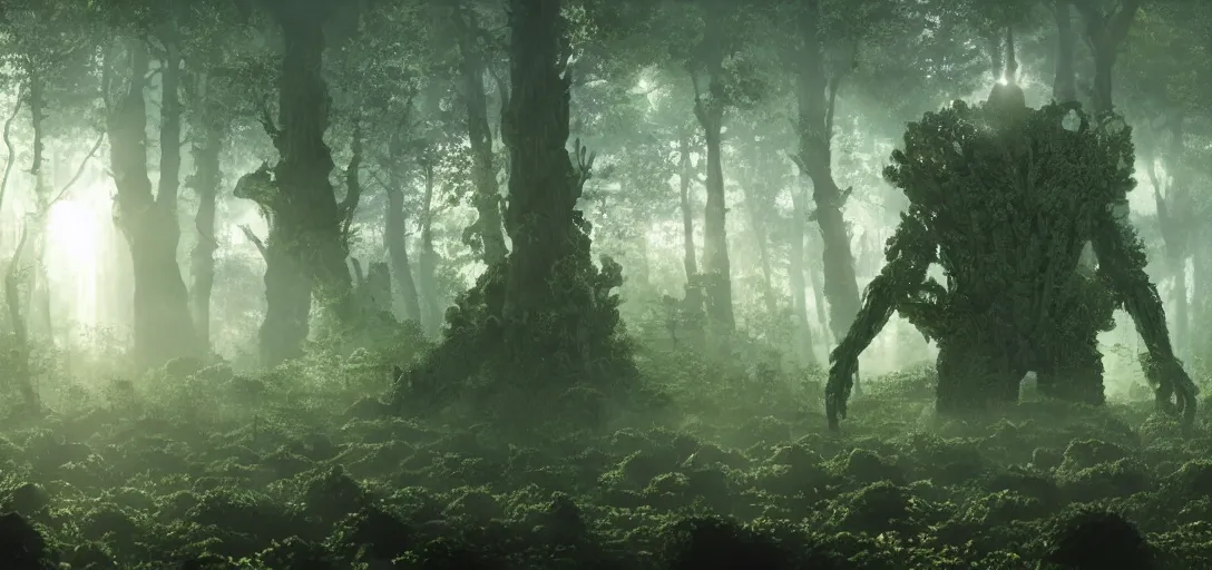 Image similar to a complex organic fractal 3 d metallic symbiotic ceramic humanoid megastructure creature in a swampy lush forest, foggy, sun rays, cinematic shot, isometric, photo still from movie by denis villeneuve, wayne barlowe