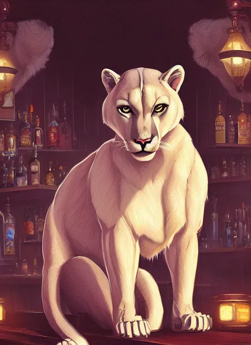 Image similar to beautiful portrait commission of a male furry anthro albino mountain lion in an old-timey Saloon. Atmospheric. Character design by charlie bowater, ross tran, artgerm, and makoto shinkai, detailed, inked, western comic book art