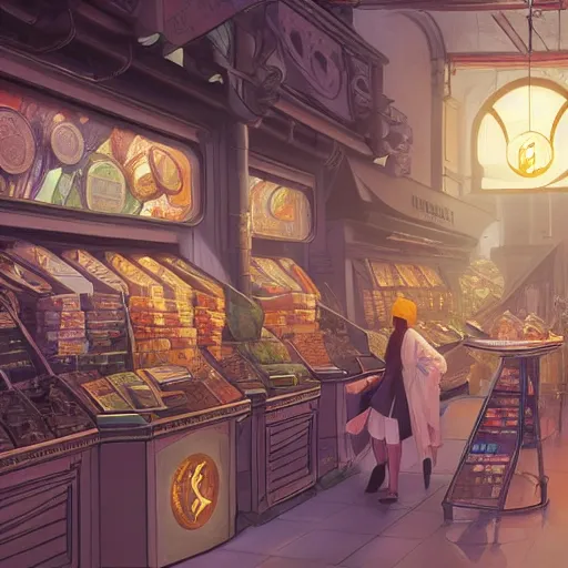 Prompt: modern coin shop with a lot of coins, 4 k, octane, digital painting, artstation, concept art, sharp focus, illustration, art by artgerm and greg rutkowski and alphonse mucha