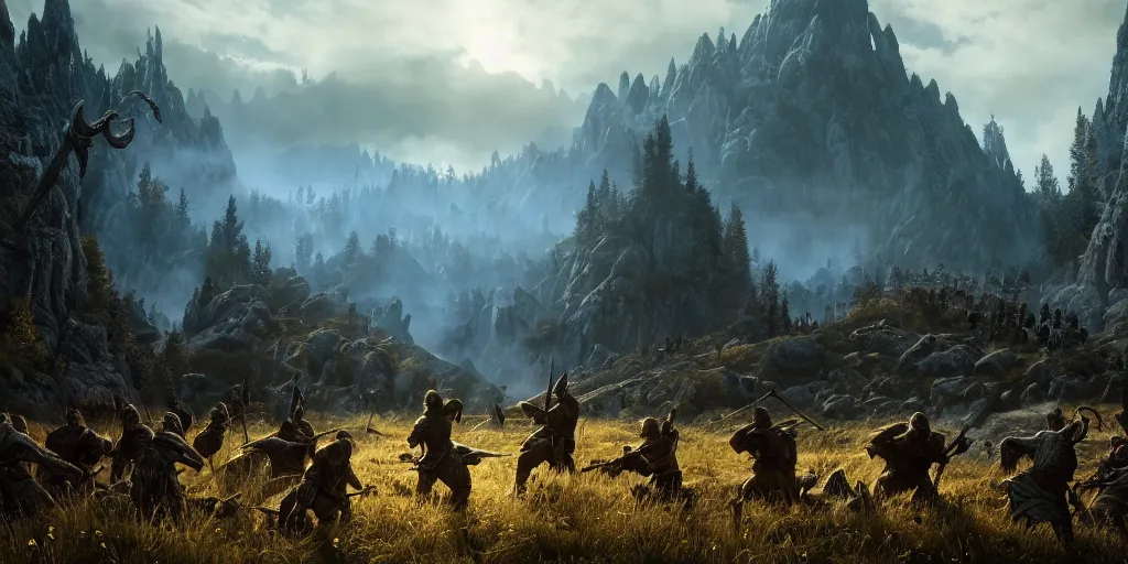 Image similar to the elder scrolls vi, epic battle scene in the mountain valley, atmospheric lighting, painted, intricate, volumetric lighting, beautiful, daytime, sunny weather, slight overcast, golden hour, sharp focus, deep colours, ultra detailed, by leesha hannigan, ross tran, thierry doizon, kai carpenter, ignacio fernandez rios