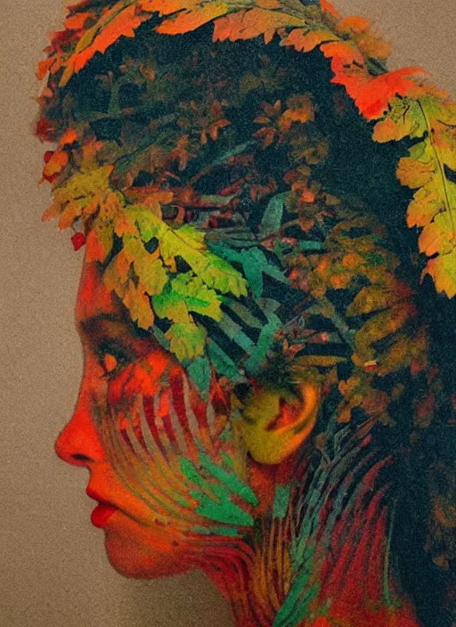 Image similar to a beautiful woman's face in profile made of colorful leaf skeleton, in the style of the dutch masters and gregory crewdson, dark and moody,