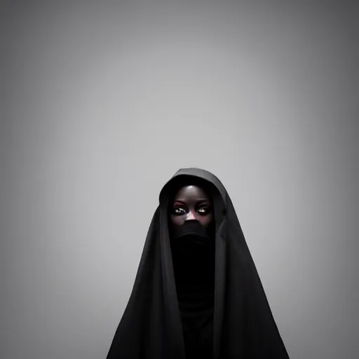 Image similar to a portrait of a young black woman wearing a long dark cloak, hood and shadows covering face, anatomically correct, beautiful perfect face, enigmatic, oil painting, matte painting, black background, Volumetric dynamic lighting, Highly Detailed, Cinematic Lighting, Unreal Engine, 8k, HD, by Beksinski