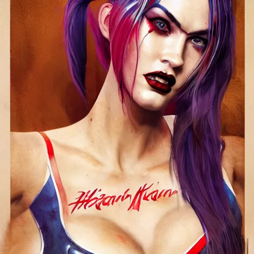 Prompt: portrait of megan fox as harley quinn, au naturel, hyper detailed, digital art, trending in artstation, cinematic lighting, studio quality, smooth render, unreal engine 5 rendered, octane rendered, art style by klimt and nixeu and ian sprigger and wlop and krenz cushart.