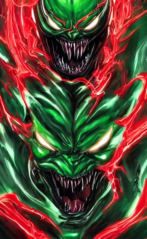 Image similar to portrait of venom as the green goblin, black and red, dynamic lighting, cinematic, ultra detailed, trending on art station, stunning visuals, creative, fantasy concept art