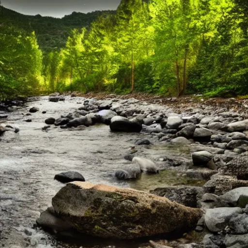 Prompt: a beautiful landscape, river, rocks, trees, iridescent lights