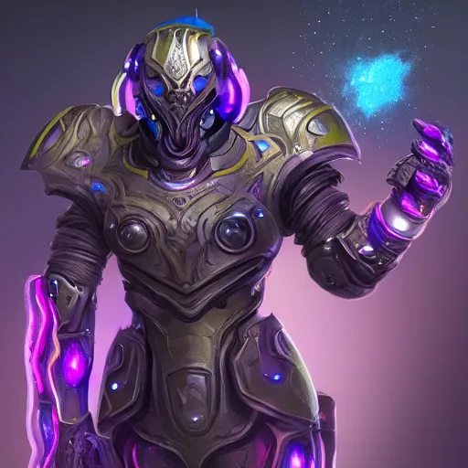 Image similar to Full Armor set made of galaxies and sci fi parts conjuring cosmic energy, surrealism, smooth, intricate, elegant, galactic energy, power aura, neon glowing spells, digital painting, artstation, concept art, high tech fantasy, sharp focus, illustration, art by Jason Chan and Riot Studios and Blizzard Studios