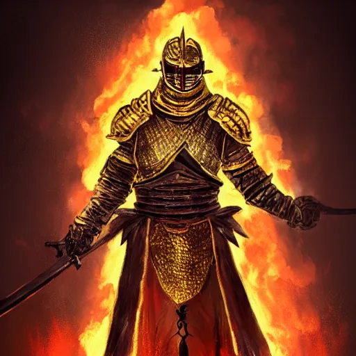 Prompt: beautiful painting of the knight of the eternal flame covered in flames wearing detailed gold and black armor like obsidian, dark souls concept art, dramatic lighting, trending on artstation hq, 4 k, uhd