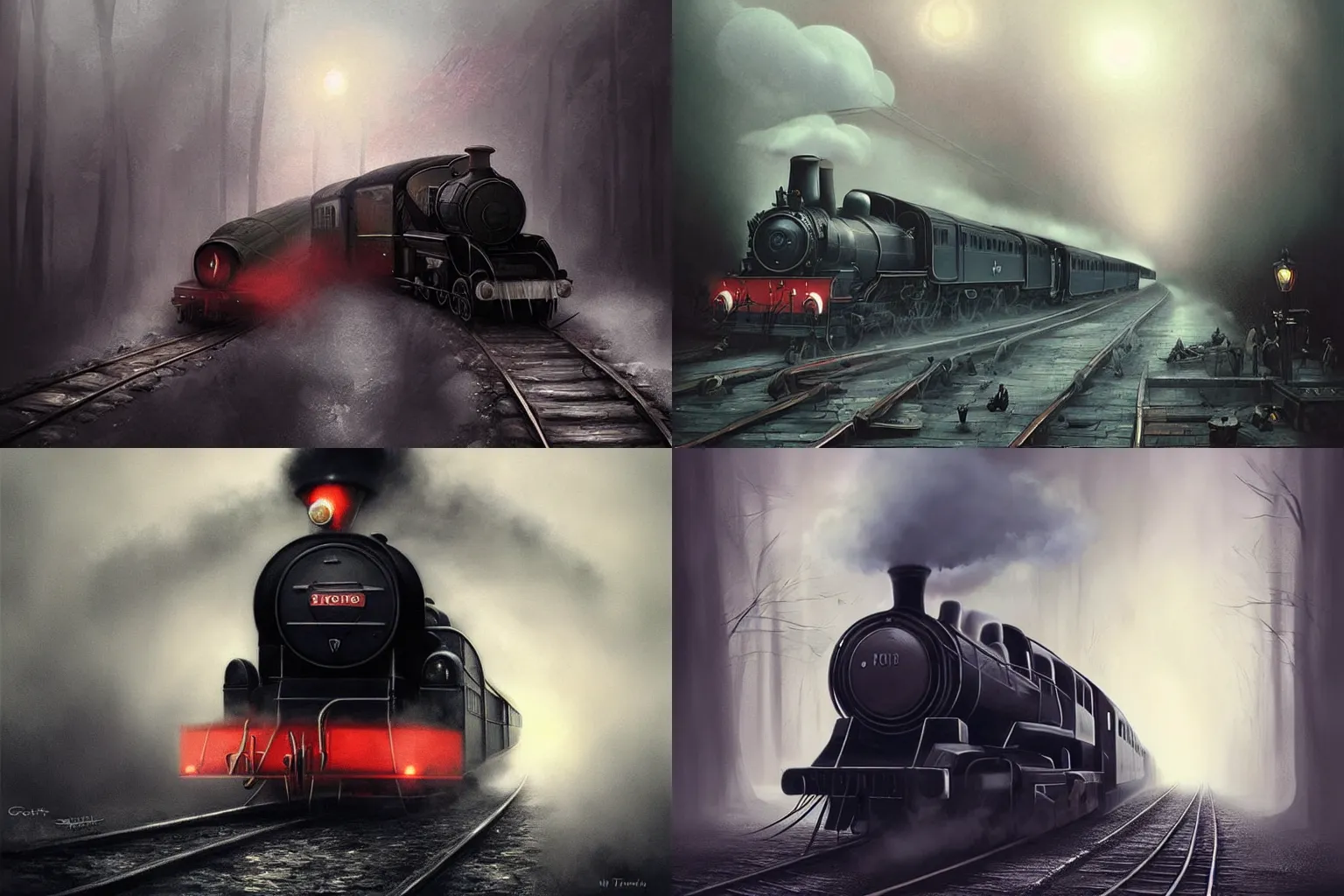 Prompt: fantasy steam train by gottfried helnwein, digital art, by artgerm and wlop, vibrant bismuth material, deep shadows and heavy fog, mythical gothic design
