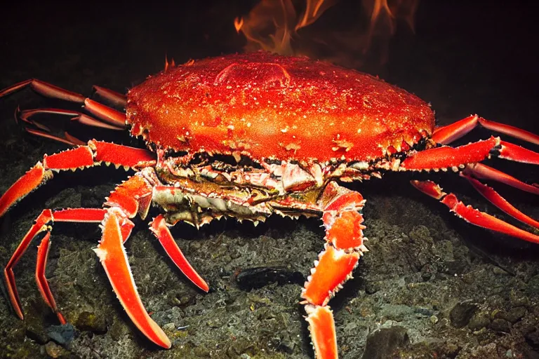 Image similar to royal king crab in his castle, in 2 0 1 2, bathed in the the glow of a fire, royalcore, low - light photograph, photography by tyler mitchell