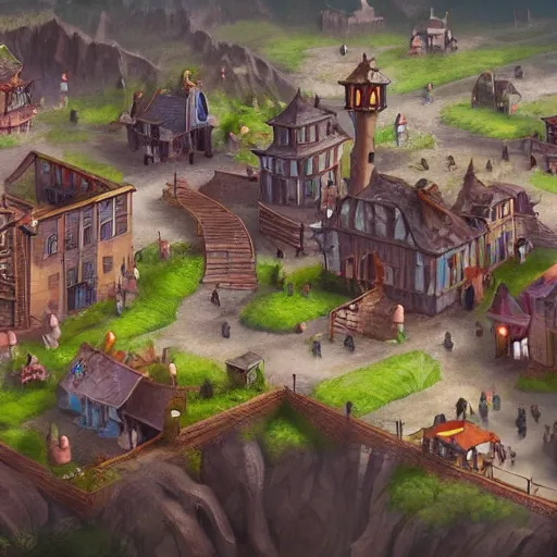 Prompt: large fantasy town filled with people, game concept art, illustration, unreal,