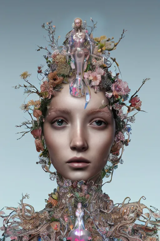 Prompt: an extremely beautiful, gorgeous, elegant glass goddess made of transparent glass, full body, ultrafine detailed illustration by james jean, giuseppe arcimboldo, symmetrical, fiberglass, intricate, final fantasy, unreal engine, colored light, luminous, octane render, volumetric lighting, 8 k, artstation.