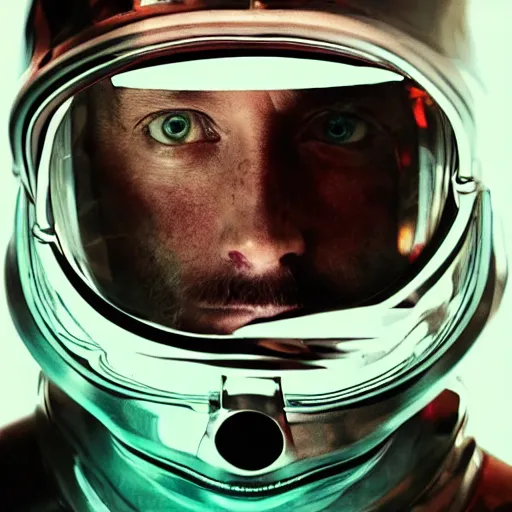 Image similar to futuristic thom yorke singer songwriter in a spacehelmet filling up with water, waterline refractions, video art, anamorphic lens flare, datamosh, beautiful blueish eyes, eyes reflecting into eyes reflecting into infinity, spherical black pupils, eyes reflecting into eyes reflecting into infinity, dramatic lighting