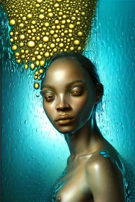 Image similar to hyper realistic precisionist cinematic very expressive! oshun goddess, in water! john everett millais, mirror dripping droplet!, gold flowers, highly detailed face, digital art masterpiece, smooth eric zener cam de leon, dramatic pearlescent turquoise light on one side, low angle uhd 8 k, shallow depth of field