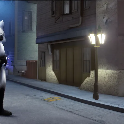 Prompt: furry anthro 3d source engine render 4k police officer anthropomorphic white wolf in uniform standing under a streetlamp in an alley at night half life