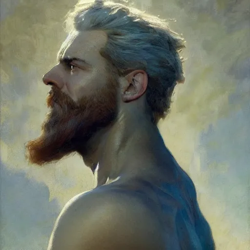 Image similar to detailed cinematic wide shot of sea captain muscular attractive masculine man beard slim face symettrical face clean skin blue eyes white hair, ultra realistic, spring light, painting by gaston bussiere, craig mullins, j. c. leyendecker