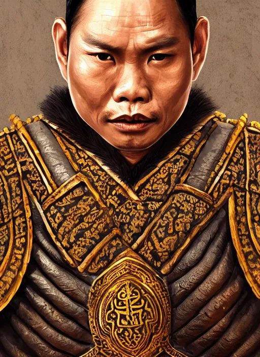 Image similar to king ramkhaheang of sukhothai, close portrait, historical, ethnic group, traditional tai costume, sukhothai headset, leather shoulder armor, fantasy, intricate, with leather armor cross onbare chest, elegant, loin cloth, highly detailed, oill painting, artstation, concept art, matte, sharp focus, illustration, hearthstone, art by earl norem