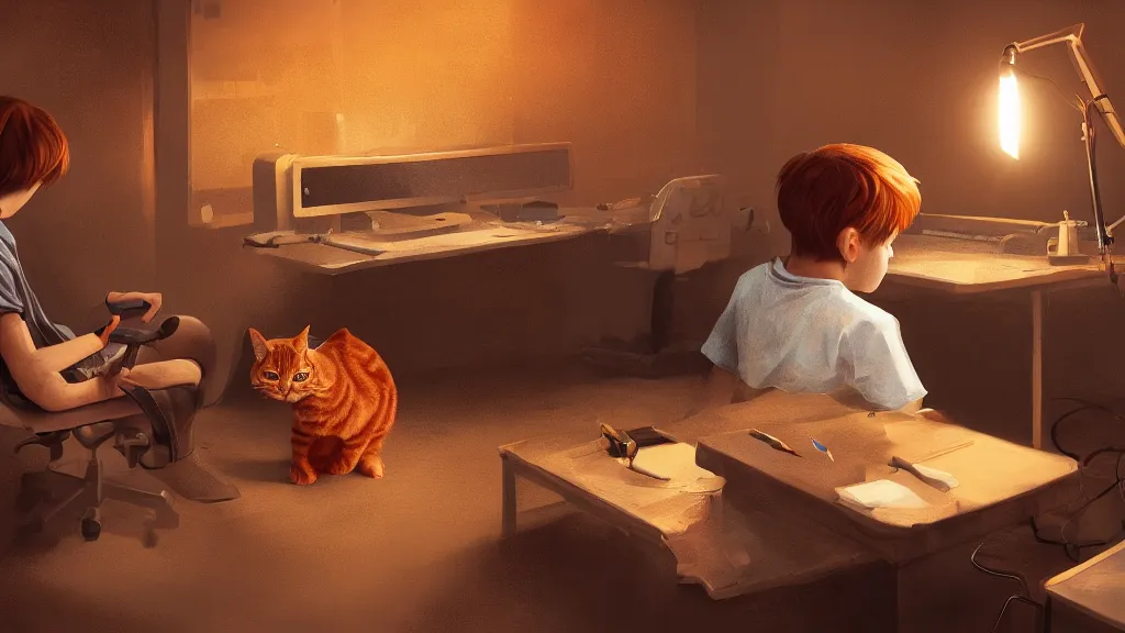 Prompt: a boy with brown hair seated with his back to us and is soldering on a desk with electronic parts with an orange tabby cat on the desk watching him, coherent, cinematic lighting, highly detailed, digital painting, artstation, concept art, sharp focus, illustration