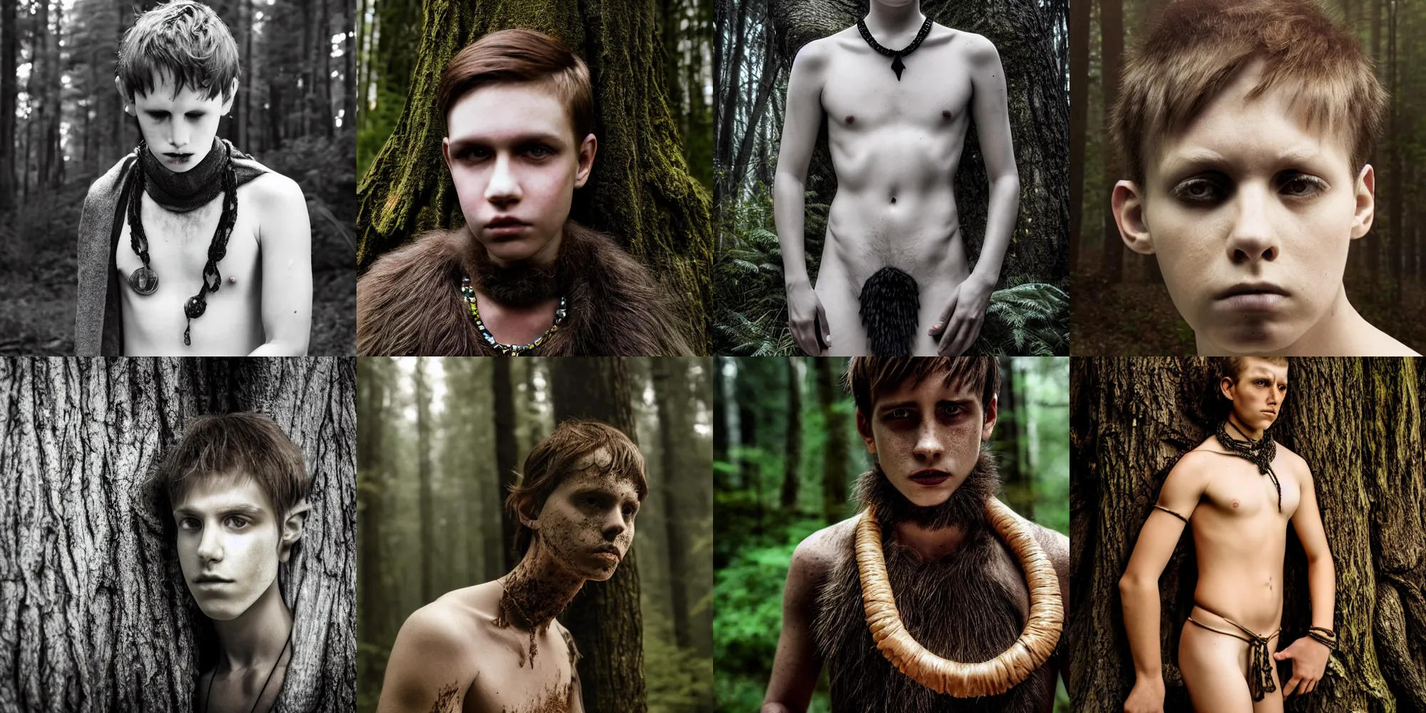 Prompt: very detailed face, ominous and eerie forest, award winning photo, loincloth, necklace, natural short hair, teenage boy, 8 k